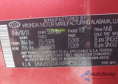 2023 Hyundai Santa Fe Limited z USA, uszkodzony, nr VIN 5NMS5DA14PH005320